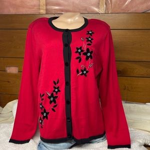 Norm Thompson Red/ Black Cardigan Sweater Size Large- Shoulder Pads-Beads, Plush